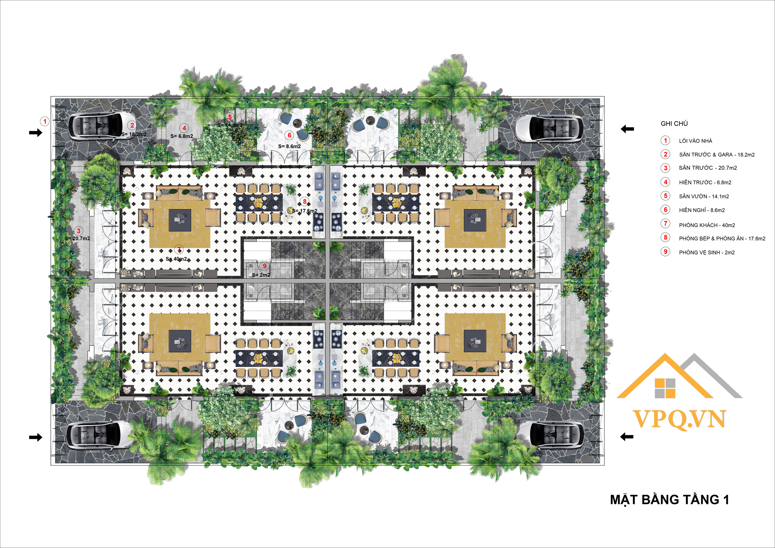 Layout tầng 1 biệt thự tứ lập - Sun Tropical Village